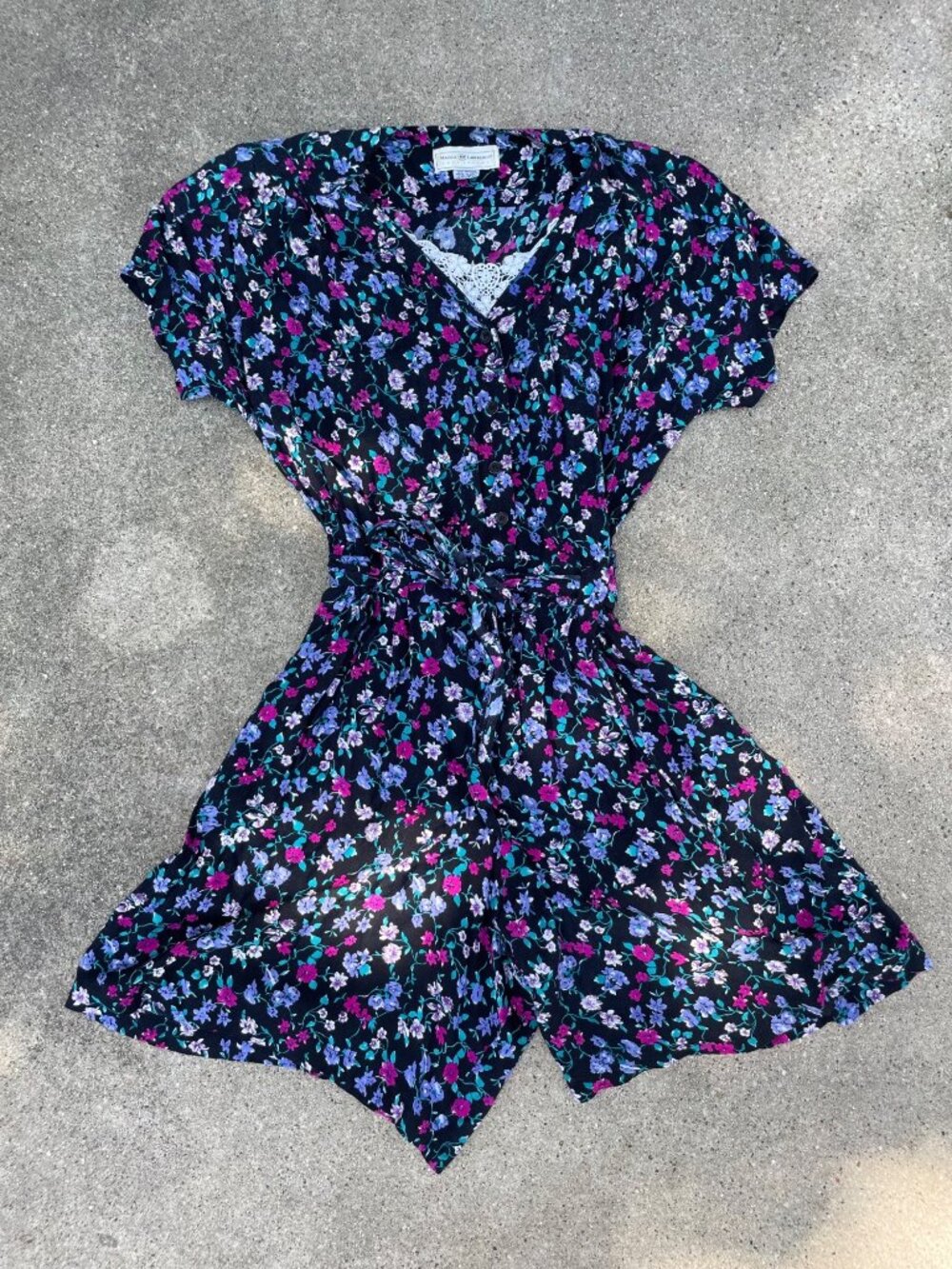 Vintage Maggie Lawrence Romper Floral Black Size 18 20 Belted Waist Cottagecore